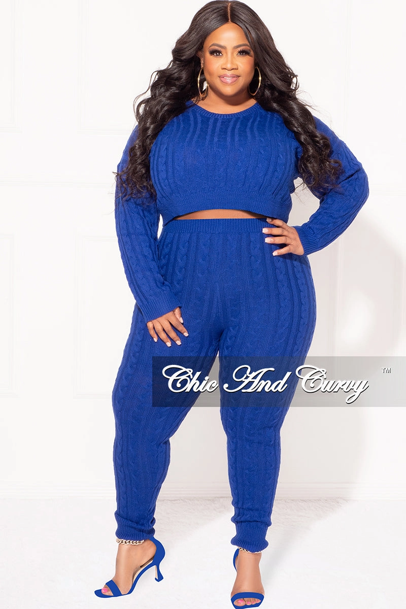Final Sale Plus Size 2-Piece Sweater Pants Set in Royal Blue Stretchable Waist Active Comfort Wear