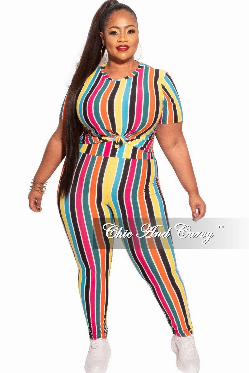 Final Sale Plus Size 2-Piece Top and Pants Set in Multicolor Stripe Print Anti Pilling Finish