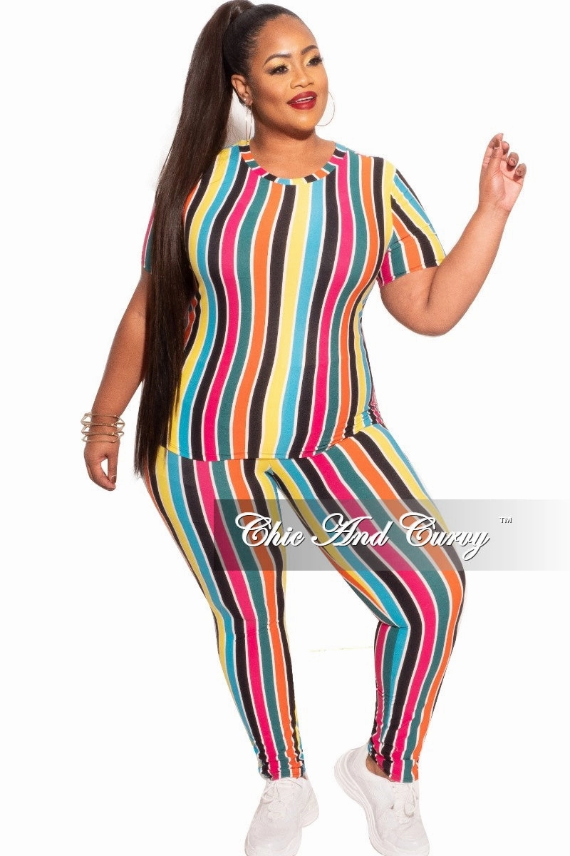 Final Sale Plus Size 2-Piece Top and Pants Set in Multicolor Stripe Print Full Coverage Sleek Waist