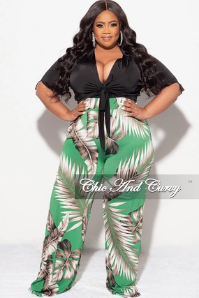 Odor Control Fabric Final Sale Plus Size 2pc Black Collar Crop Tie Top and Pants Set in Green Leaf Print