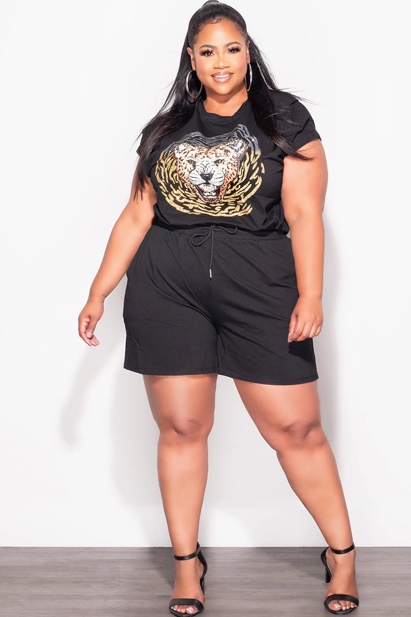 Durable Seams Noise Reduciting Fabric Final Sale Plus Size 2pc Bling Rhinestone Graphic Top and Short Set Set In Black
