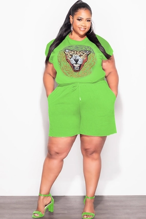Final Sale Plus Size 2pc Bling Rhinestone Graphic Top and Short Set Set In Green Relaxed Wearable Flexible Material