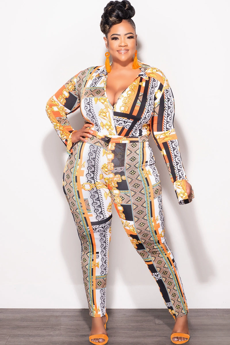 Final Sale Plus Size 2pc (Bodysuit & Pants) Set in Orange Gold Print Tight Fit