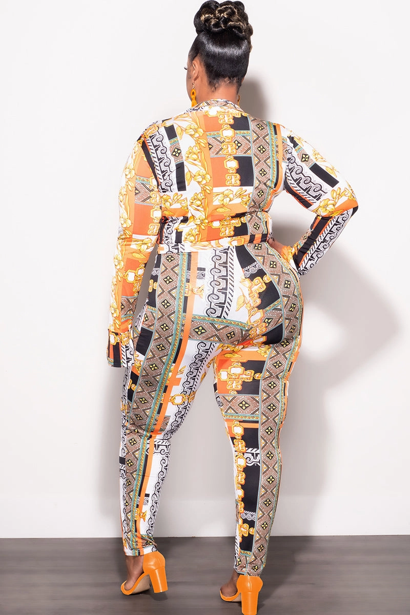 Snag Proof Fabric Final Sale Plus Size 2pc (Bodysuit & Pants) Set in Orange Gold Print