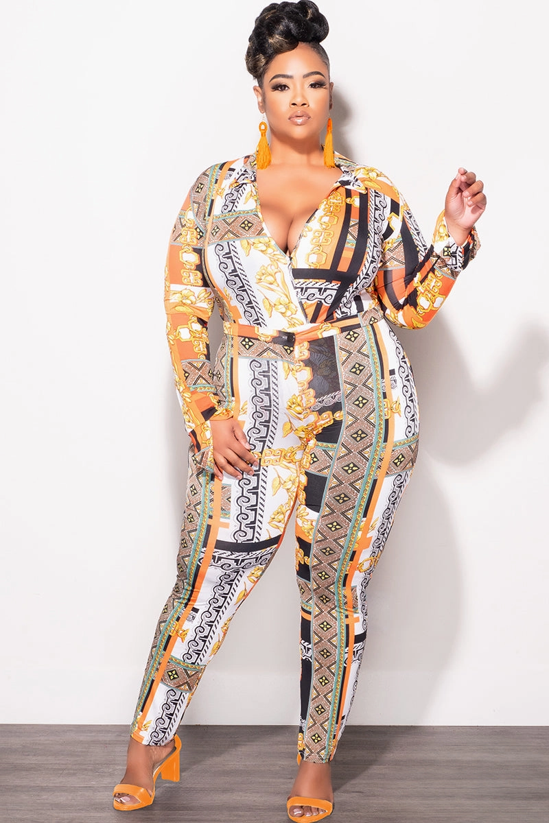 Quick Dry Technology HighDensityWeave Final Sale Plus Size 2pc (Bodysuit & Pants) Set in Orange Gold Print