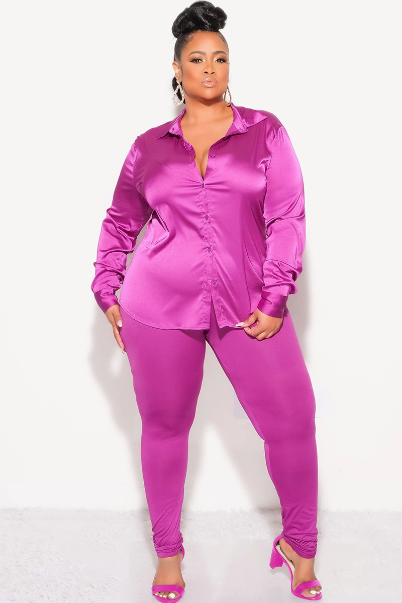 Final Sale Plus Size 2pc Button Up Collar Satin Top and Pants Set in Berry AntiSlipWaistband Rugged Wear