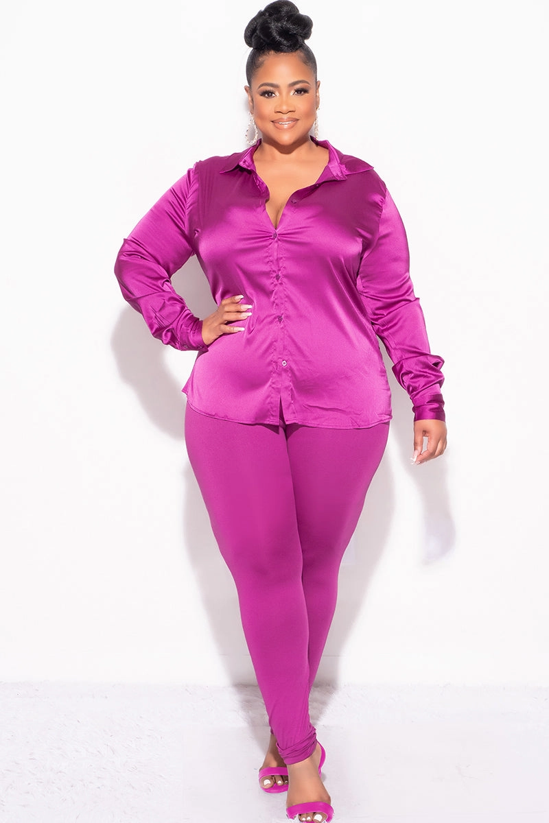 Final Sale Plus Size 2pc Button Up Collar Satin Top and Pants Set in Berry Reinforced Pockets