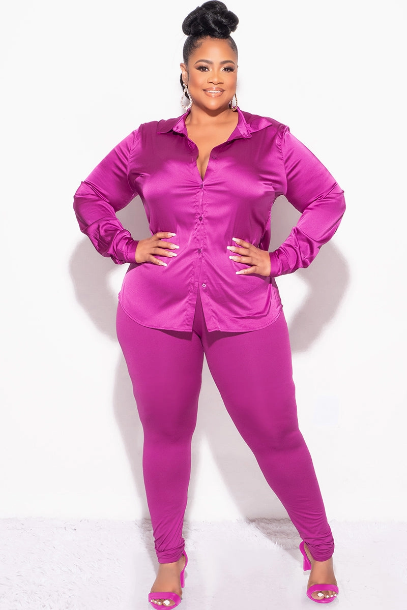 Final Sale Plus Size 2pc Button Up Collar Satin Top and Pants Set in Berry Vintage Wash