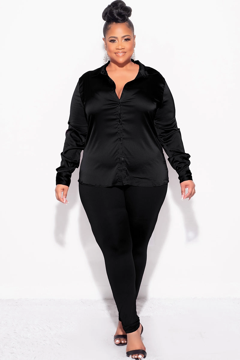 Final Sale Plus Size 2pc Button Up Collar Satin Top and Pants Set in Black Clean Finish