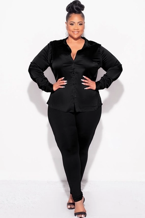 Final Sale Plus Size 2pc Button Up Collar Satin Top and Pants Set in Black Raw edge