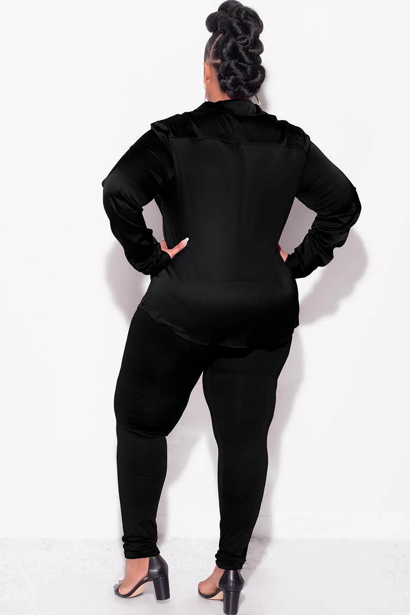 Smart Comfort Final Sale Plus Size 2pc Button Up Collar Satin Top and Pants Set in Black