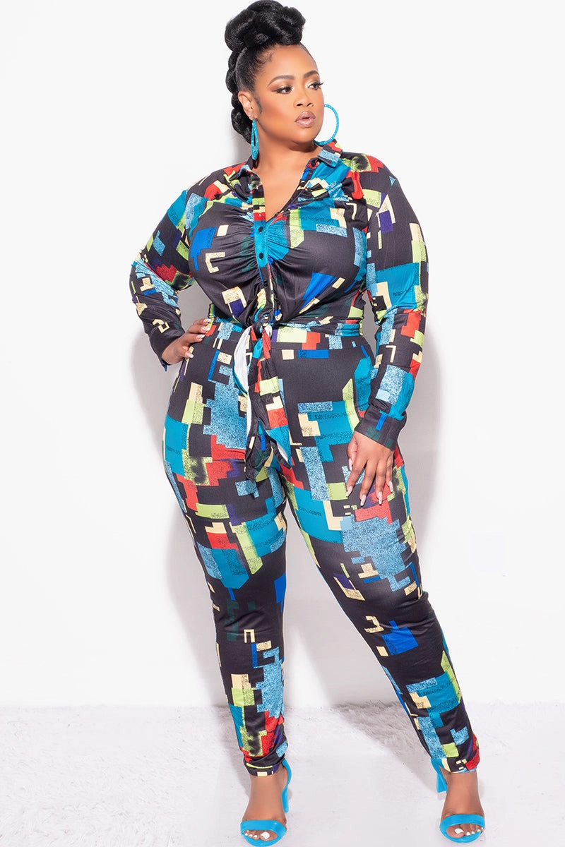 WaterRepellent Thermal Regulating Fabric Final Sale Plus Size 2pc Button Up Collar Top and Pants Set in Black Multi-Color Print