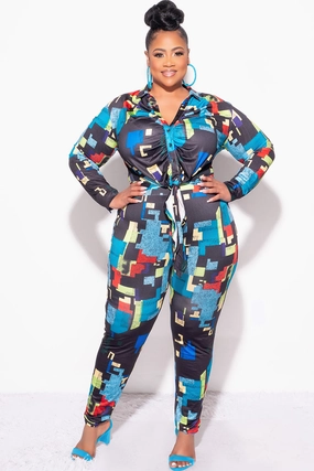 Final Sale Plus Size 2pc Button Up Collar Top and Pants Set in Black Multi-Color Print Classic Comfort