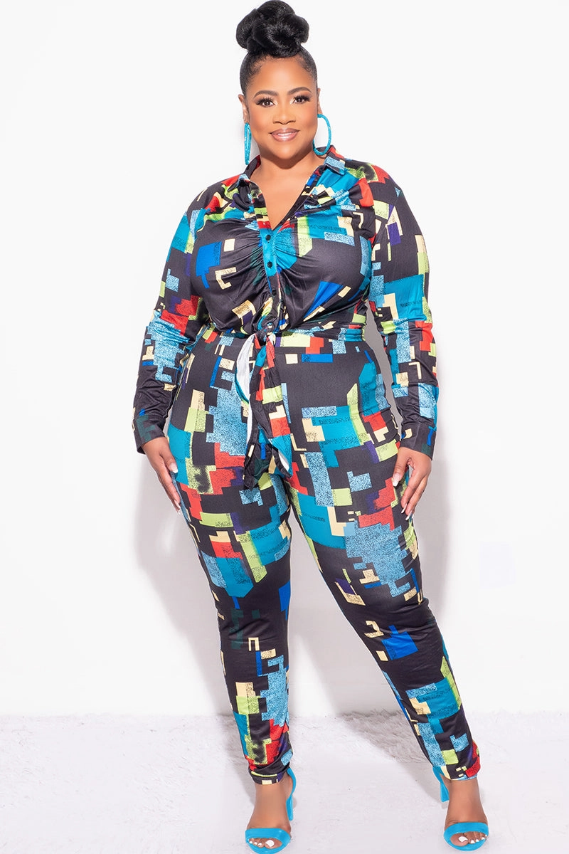 Wrinkle resistant fabric Soft Touch Final Sale Plus Size 2pc Button Up Collar Top and Pants Set in Black Multi-Color Print