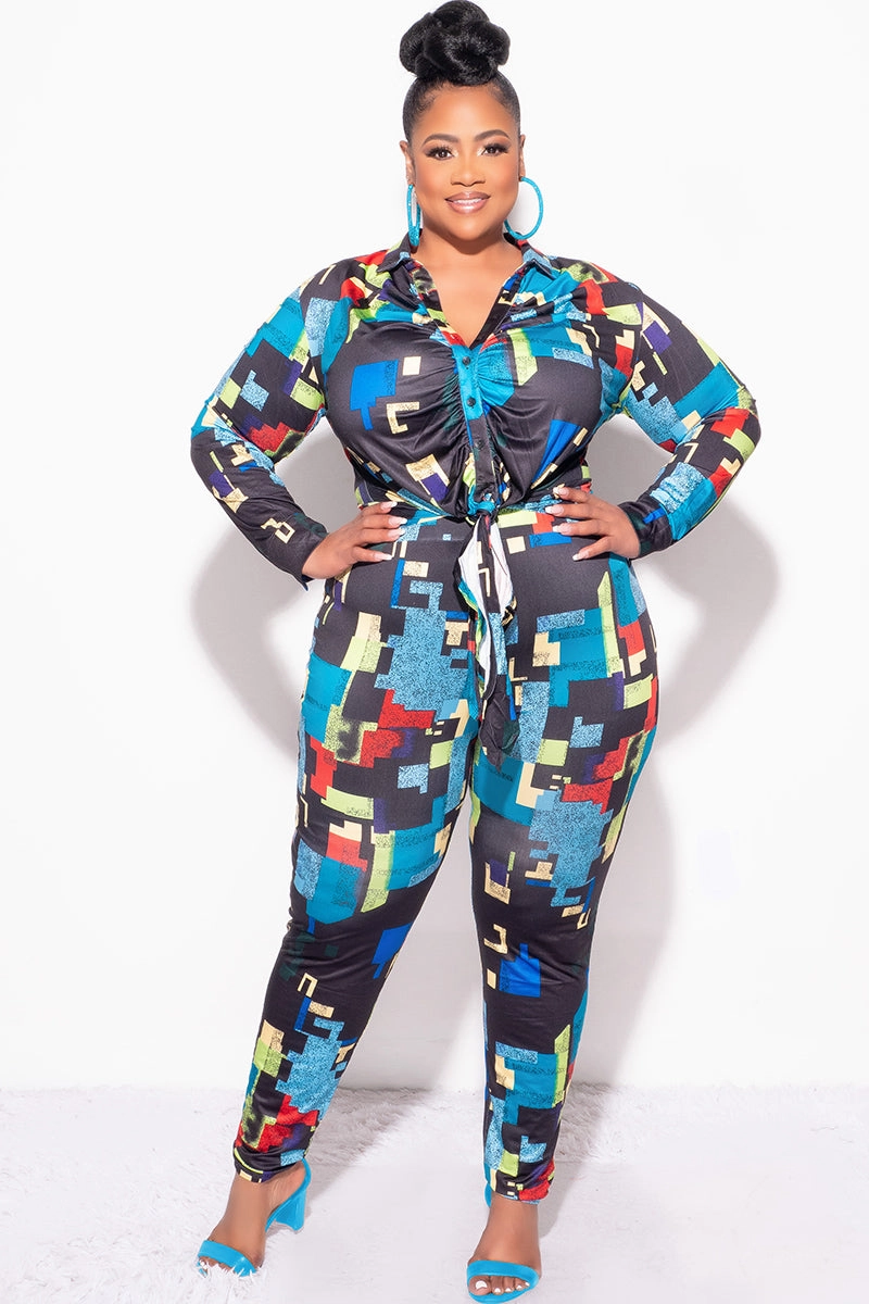 Final Sale Plus Size 2pc Button Up Collar Top and Pants Set in Black Multi-Color Print Classic Comfort