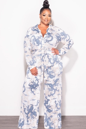 Final Sale Plus Size 2pc Button Up Collar Top and Pants Set in Blue and Tan Lightweight insulation Smart Layering