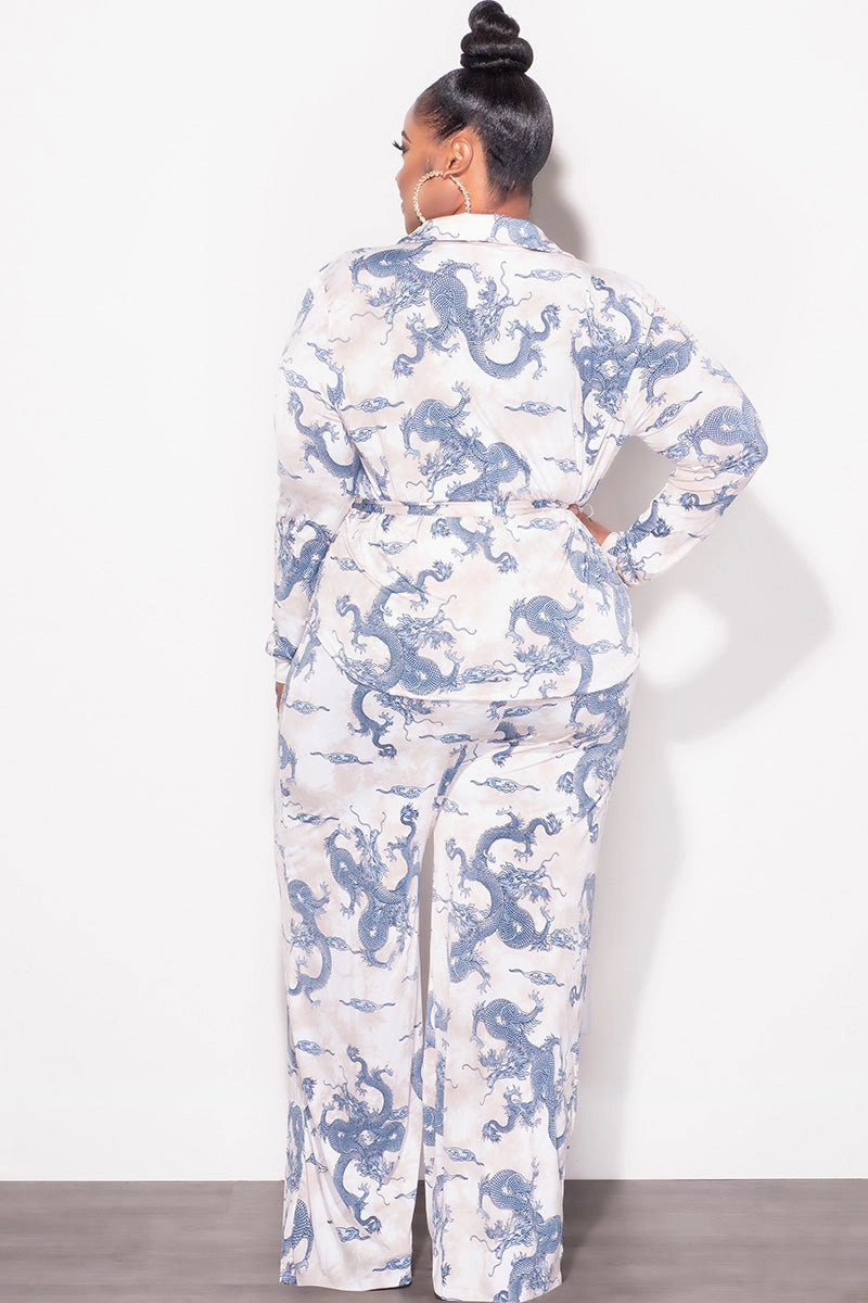 Non Slip Waist Grip Final Sale Plus Size 2pc Button Up Collar Top and Pants Set in Blue and Tan