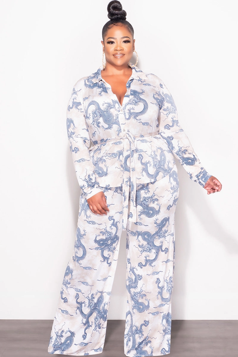 RegularFit Eco Friendly Fabric Final Sale Plus Size 2pc Button Up Collar Top and Pants Set in Blue and Tan