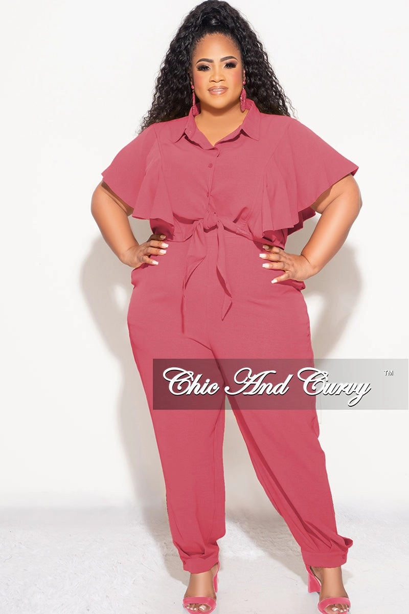 EcoFriendlyMaterial Final Sale Plus Size 2pc Button Up Collar Top and Pants Set in Mauve