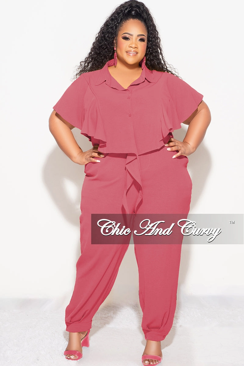 Final Sale Plus Size 2pc Button Up Collar Top and Pants Set in Mauve Soft Brush Lining