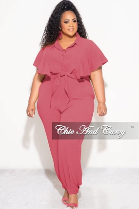Light support Mid Rise Final Sale Plus Size 2pc Button Up Collar Top and Pants Set in Mauve