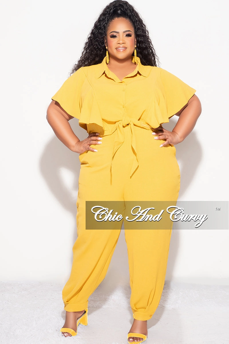 Tough Flex Final Sale Plus Size 2pc Button Up Collar Top and Pants Set in Mustard