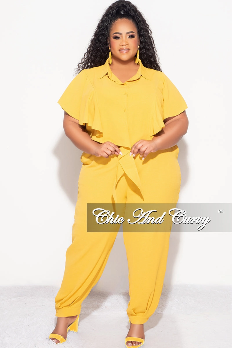High Density Weave Timeless Utility Final Sale Plus Size 2pc Button Up Collar Top and Pants Set in Mustard