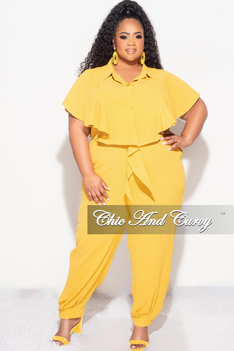 Final Sale Plus Size 2pc Button Up Collar Top and Pants Set in Mustard Soft Comfort Quick Drying