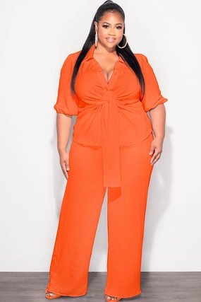 Tailored Fit Final Sale Plus Size 2pc Button Up Collar Top and Pants Set in Orange Linen