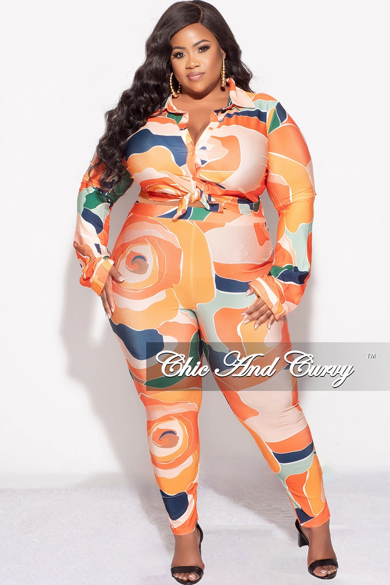Smart Fit Final Sale Plus Size 2pc Button Up Collar Top and Pants Set in Orange Multi Color Design Print