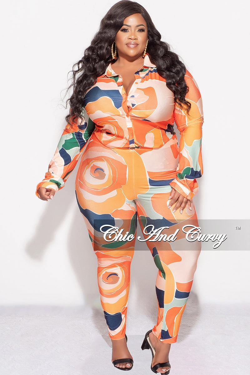 Comfortable Waistband TaglessDesign Final Sale Plus Size 2pc Button Up Collar Top and Pants Set in Orange Multi Color Design Print