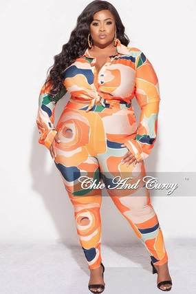 Low Profile Fasteners SeamlessConstruction Final Sale Plus Size 2pc Button Up Collar Top and Pants Set in Orange Multi Color Design Print