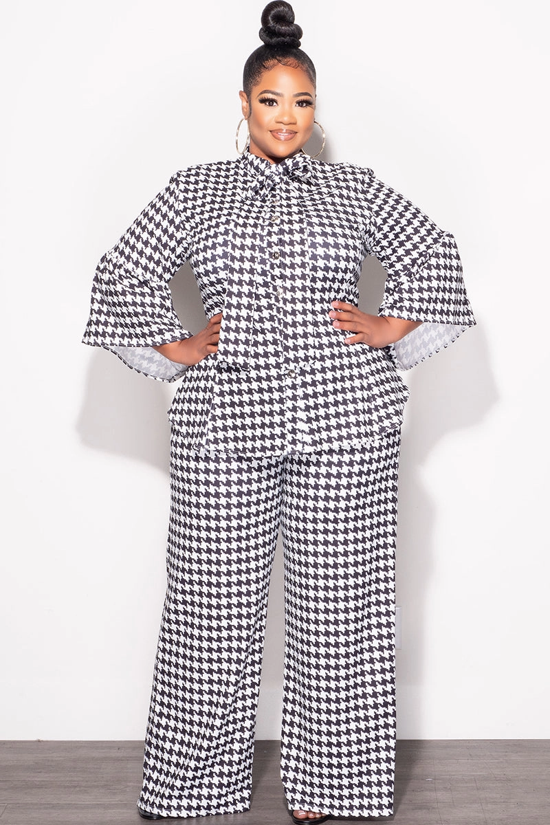 Classic Cut Final Sale Plus Size 2pc Button Up Neck Bow Tie Bell Sleeve Top and Flare Pants Set In Black and White Design Print