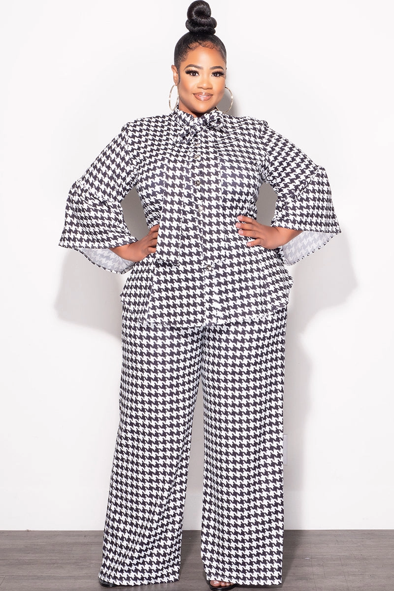 Final Sale Plus Size 2pc Button Up Neck Bow Tie Bell Sleeve Top and Flare Pants Set In Black and White Design Print HeatRegulatingLining