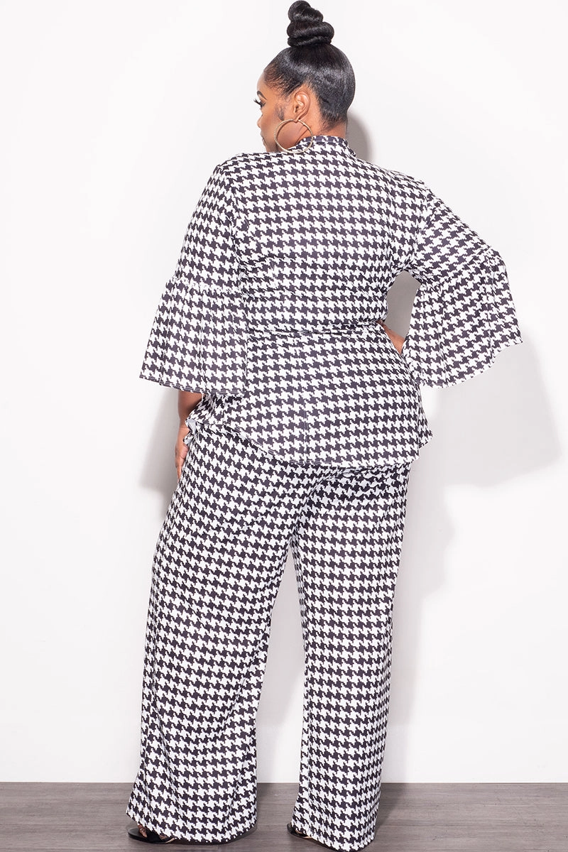 Final Sale Plus Size 2pc Button Up Neck Bow Tie Bell Sleeve Top and Flare Pants Set In Black and White Design Print Comfort Wear Fit Trendy Waist