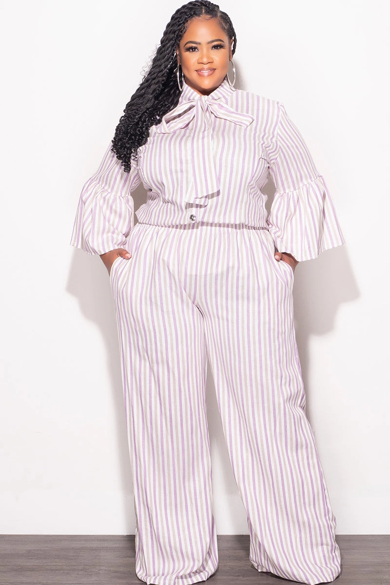 Abrasion Resistant Material Chilly Weather Fit Final Sale Plus Size 2pc Button Up Neck Bow Tie Bell Sleeve Top and Flare Pants Set In Multi Color Strip Print
