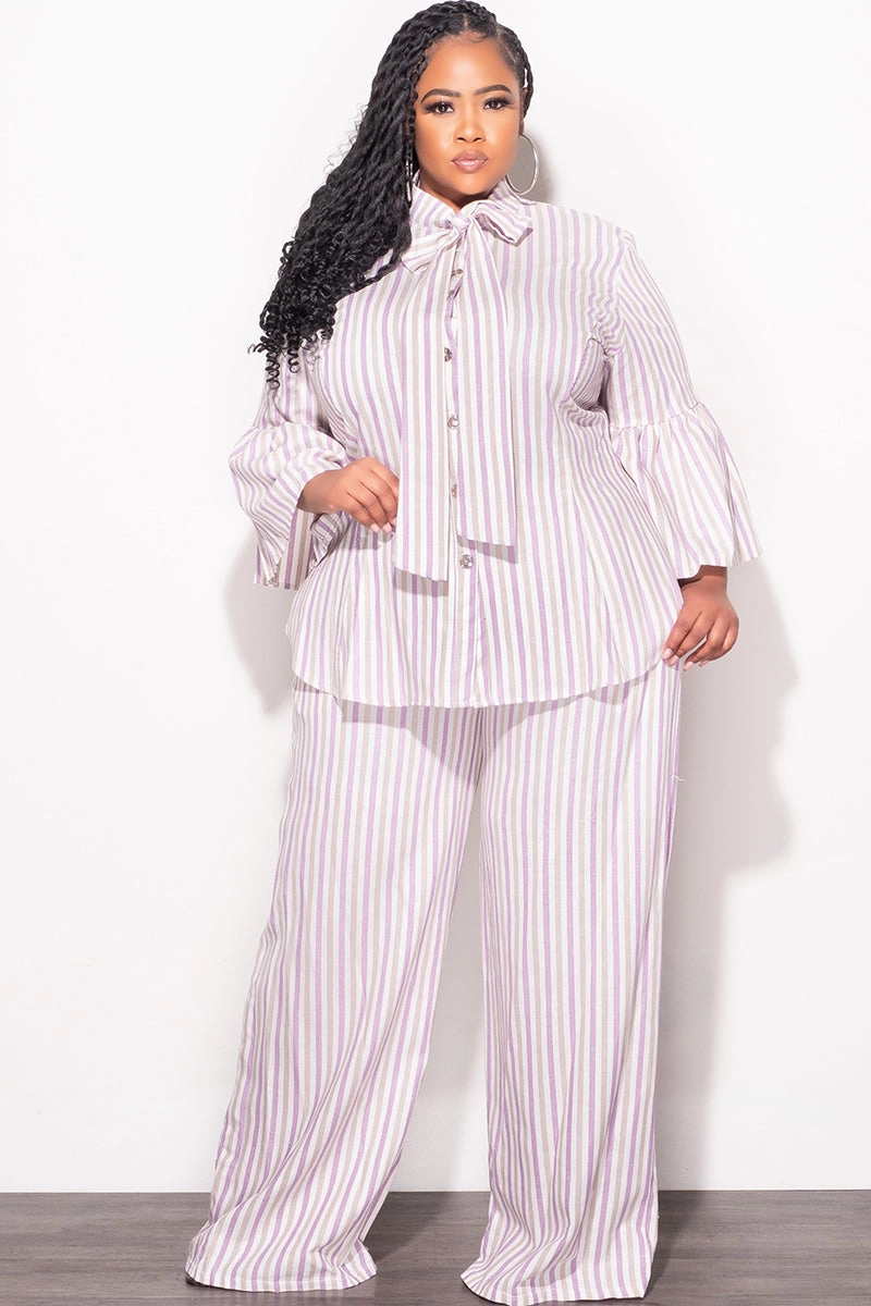 Versatile Design Final Sale Plus Size 2pc Button Up Neck Bow Tie Bell Sleeve Top and Flare Pants Set In Multi Color Strip Print