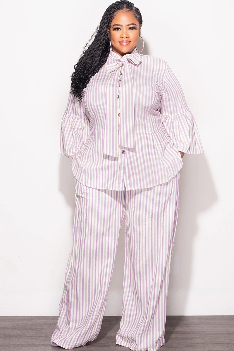Final Sale Plus Size 2pc Button Up Neck Bow Tie Bell Sleeve Top and Flare Pants Set In Multi Color Strip Print Tailored Fit Quick Adjust Fit
