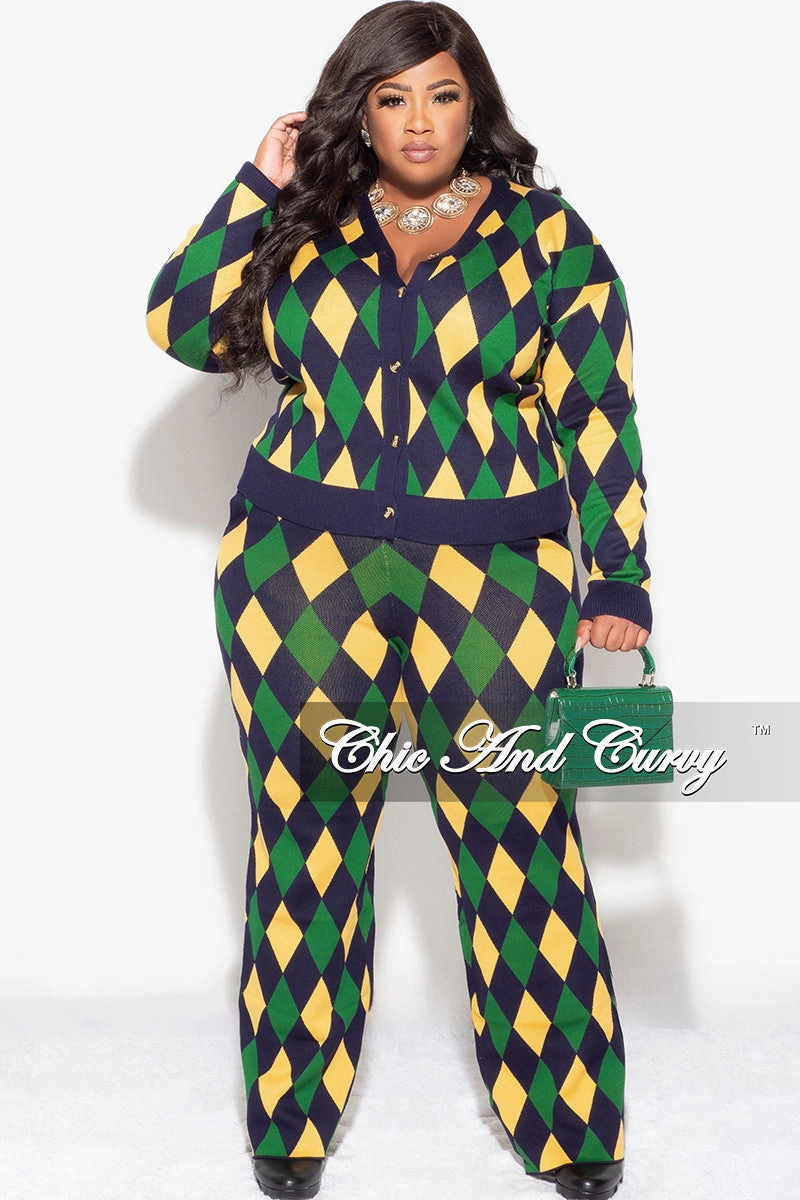 Comfy Wearable Final Sale Plus Size 2pc Button Up Sweater and Pant Set In Green and Yellow Diamond Print