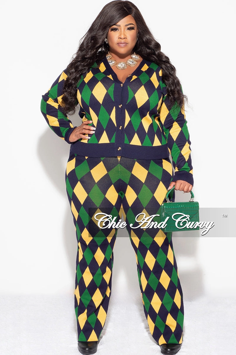 Final Sale Plus Size 2pc Button Up Sweater and Pant Set In Green and Yellow Diamond Print MultiPocketSystem