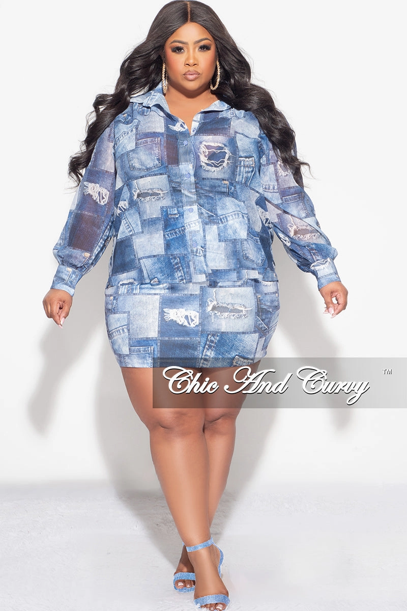Linen blend Lightweight insulation Final Sale Plus Size 2pc Chiffon Collar Button Up Top And Skirt Set in Denim Print