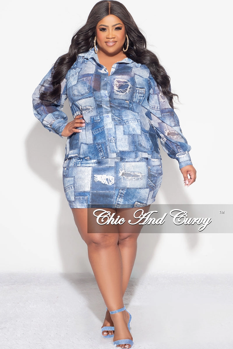 Final Sale Plus Size 2pc Chiffon Collar Button Up Top And Skirt Set in Denim Print StaticDissipative