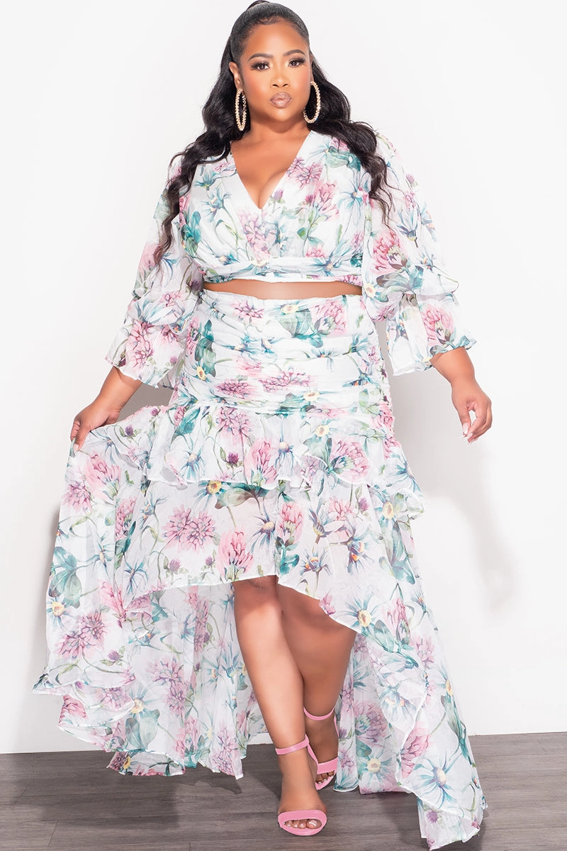 Breathable Mesh Panels Flexible Design Final Sale Plus Size 2pc Chiffon Long Sleeve Crop Top and Highlow Ruffle Layered Skirt Set in Multi Color Floral Print