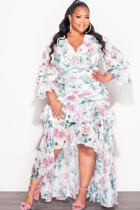 Warm Fit Casual Wear Final Sale Plus Size 2pc Chiffon Long Sleeve Crop Top and Highlow Ruffle Layered Skirt Set in Multi Color Floral Print