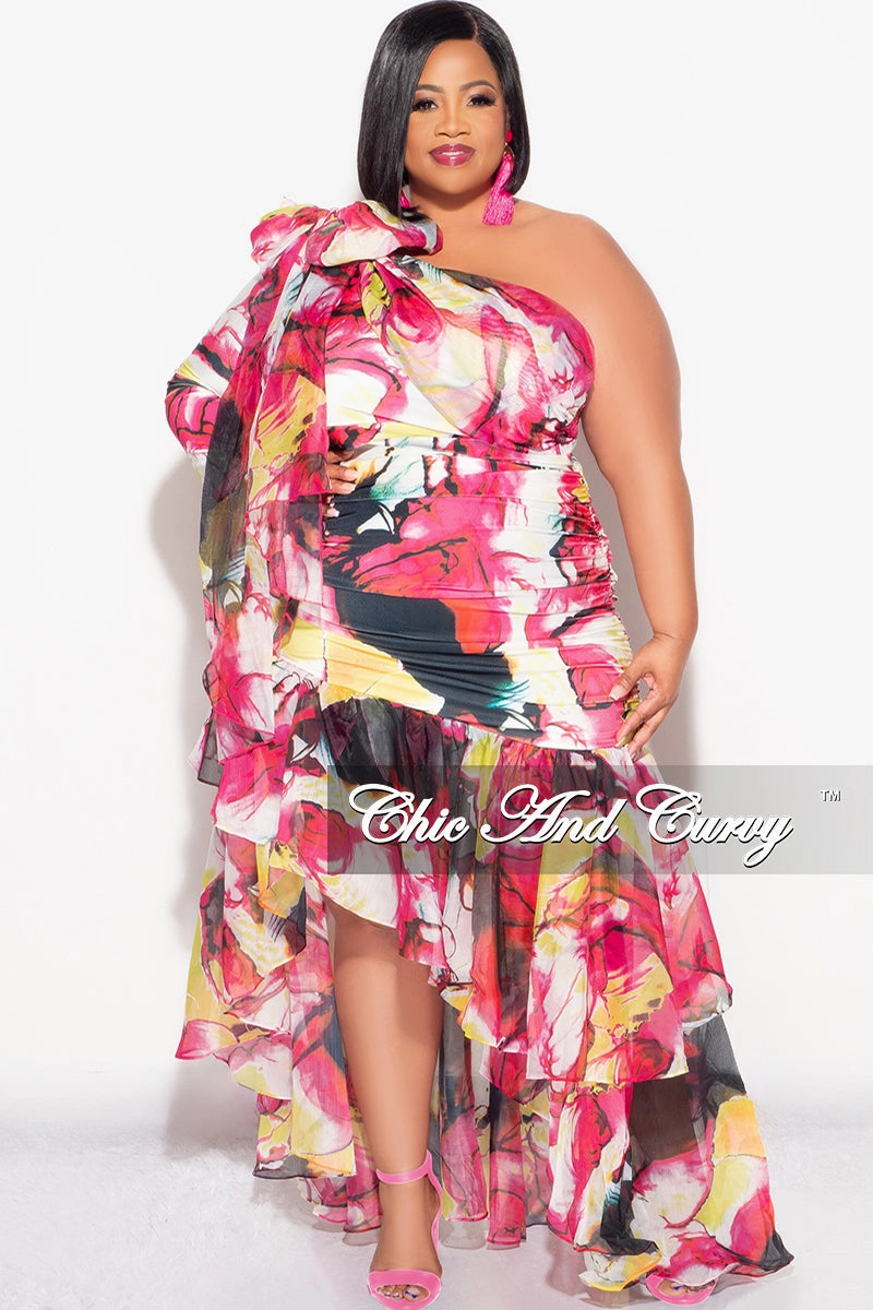 Final Sale Plus Size 2pc Chiffon One Shoulder Crop Tie Top and Asymmetrical Highlow Ruffle Layered Skirt Set in Fuchsia and Yellow Temperature Regulating Cozy And Stylish