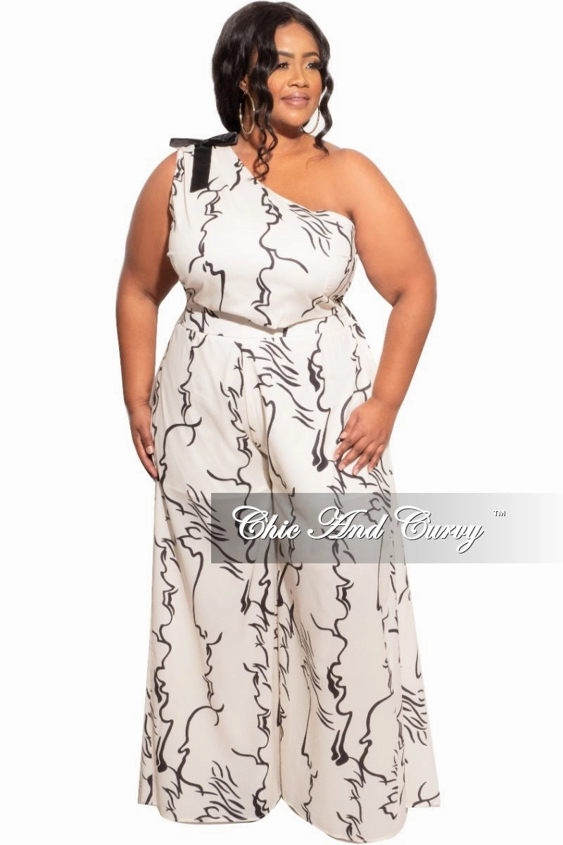 Lined interior Final Sale Plus Size 2pc Chiffon One Shoulder Top & Palazzo Pants in Ivory and Black Design