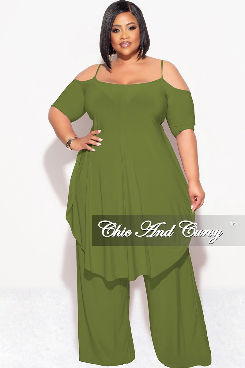 TearResistantPanels Final Sale Plus Size 2pc Cold Shoulder High Low Top and Wide Leg Pants in Olive