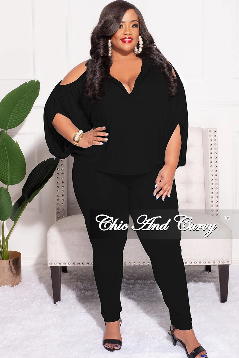 Body Fit Comfy Movement Fit Final Sale Plus Size 2pc Cold Shoulder Shirt Top and Pants in Black