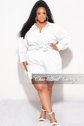 Final Sale Plus Size 2pc Collar Button Up Top And Short Set In White High Density Weave Tailored Silhouette