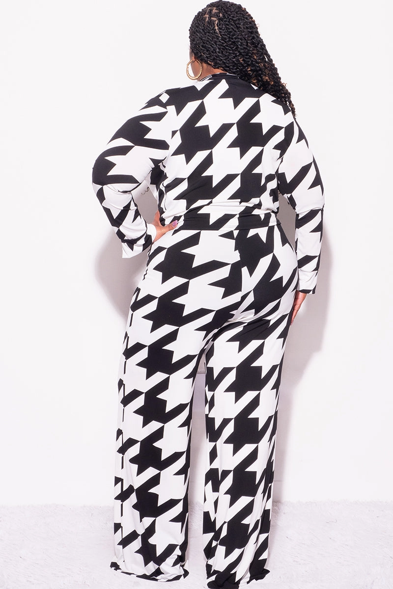 Durable Fabric Easy Stretch Fit Final Sale Plus Size 2pc Collar Crop Faux Wrap Tie Top and Pants Set in Black & Off White Houndstooth Print